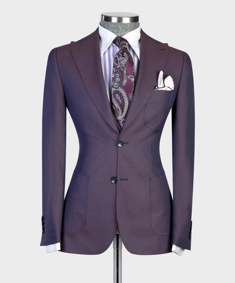 Modern Dark Purple Peaked Lapel Three-Piece Men's Suits for Business