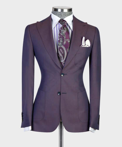 Modern Dark Purple Peaked Lapel Three-Piece Men's Suits for Business