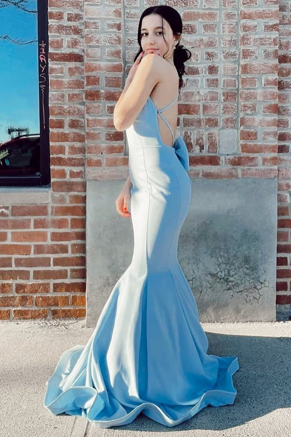 Light Blue Long Prom Dress with Mermaid Spaghetti Straps and Open Back