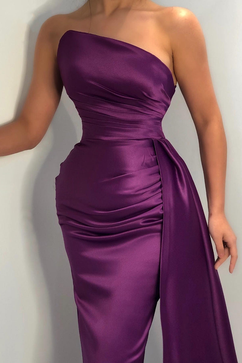 Elegant New Arrives Purple Strapless Mermaid Evening Dress Long With Ruffles
