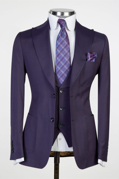 Best-Fitted Chic Dark Purple Peaked Lapel Three-Piece Men's Suits