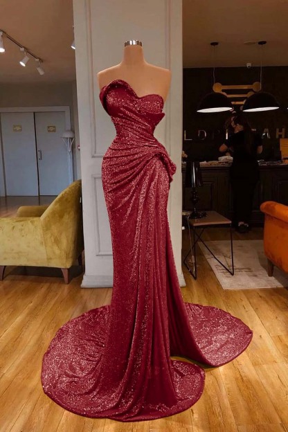 Strapless Sweetheart Sleeveless Long Mermaid Formal Dress Red With Sequins