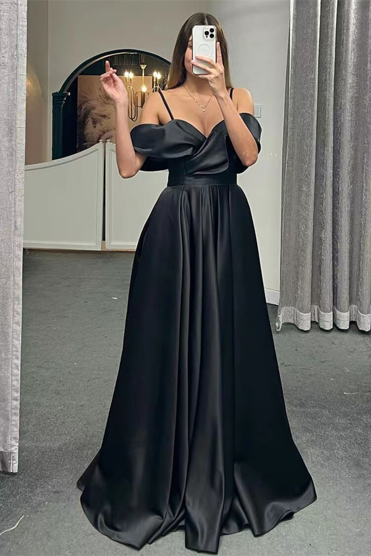 Off-The-Shoulder Spaghetti-Straps A-Line Lace-Up Back Long Evening Dress