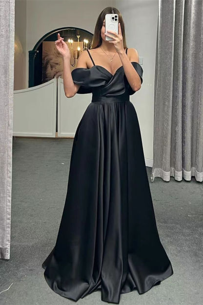 Off-The-Shoulder Spaghetti-Straps A-Line Lace-Up Back Long Evening Dress