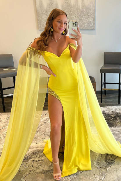 Yellow Long Prom Dress with Slit in A-Line Off-the-Shoulder Style