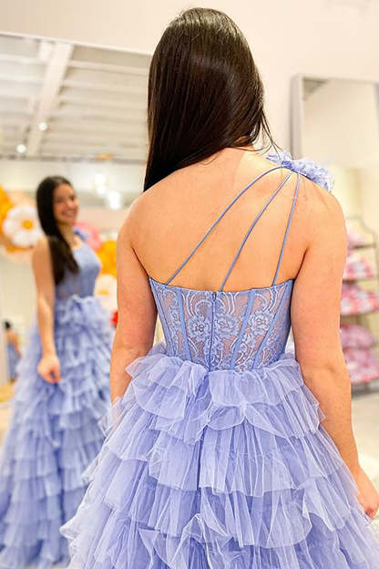 Pink One-Shoulder A-Line Corset Prom Dress with Tiered Ruffles