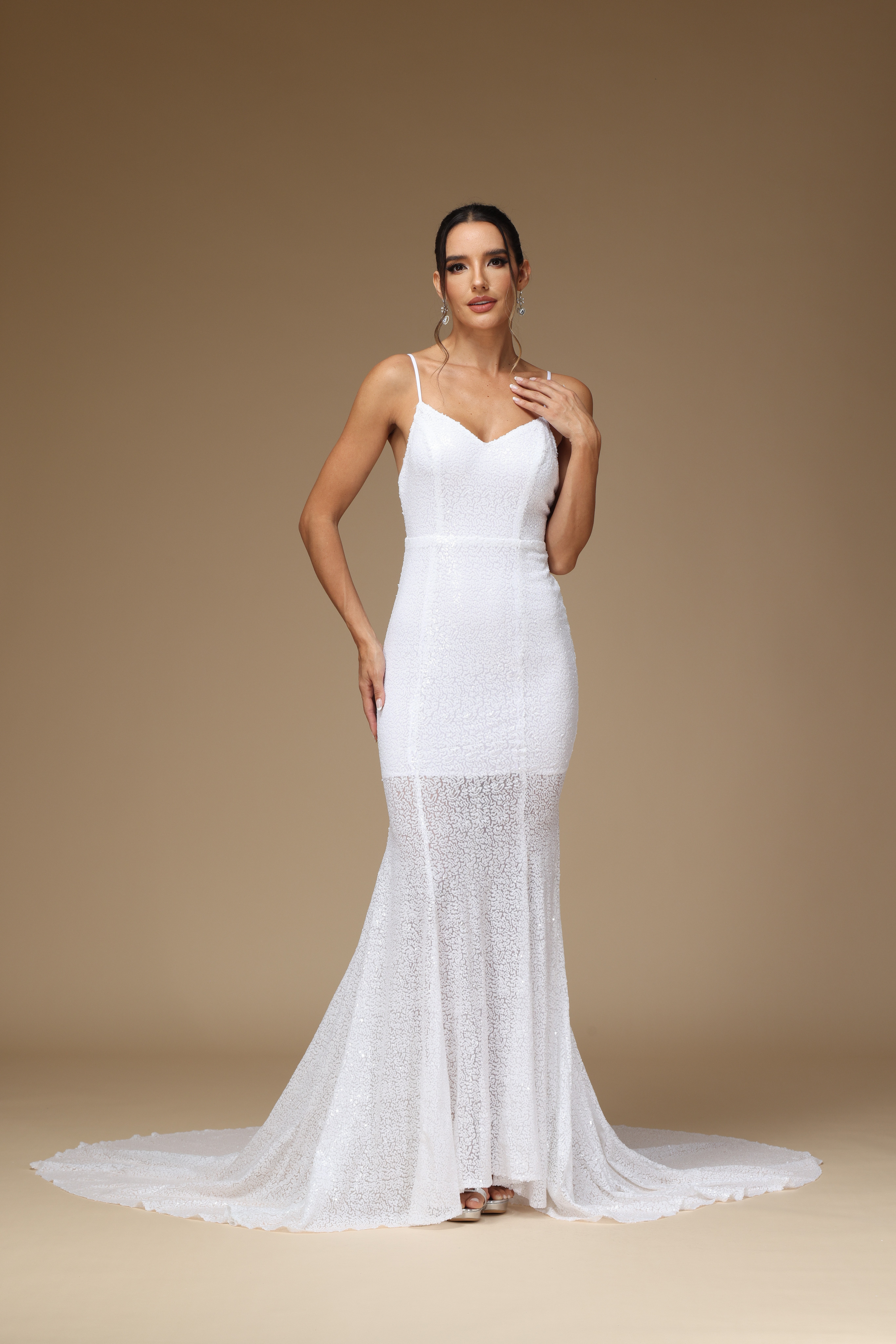 White Formal Dress Spaghetti Strap V Neck Long Sleeveless Mermaid