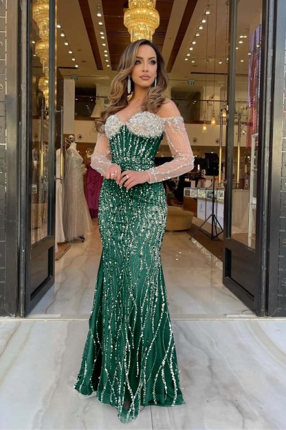 Heavy Formal Dress Sweetheart Long Sleeves Strapless Beading Long Tulle