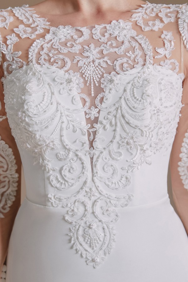 Romantic Mermaid Jewel Satin Lace Long Wedding Dress with Sleeves