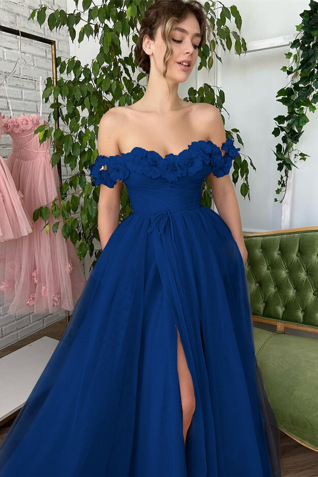 Dusty Pink A-Line Slit Strapless Off-The-Shoulder Evening Dress With Tulle Appliques