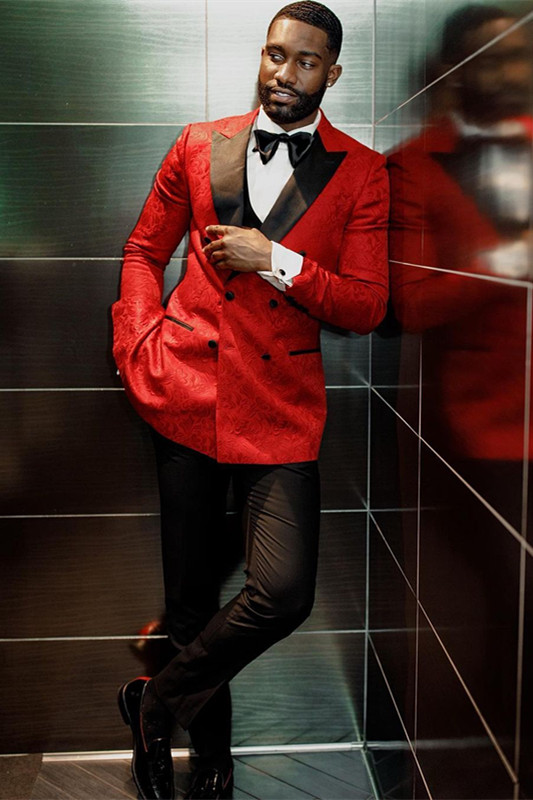 Fashion Draven Hot Red Jacquard Double-Breasted Wedding Men's Suits