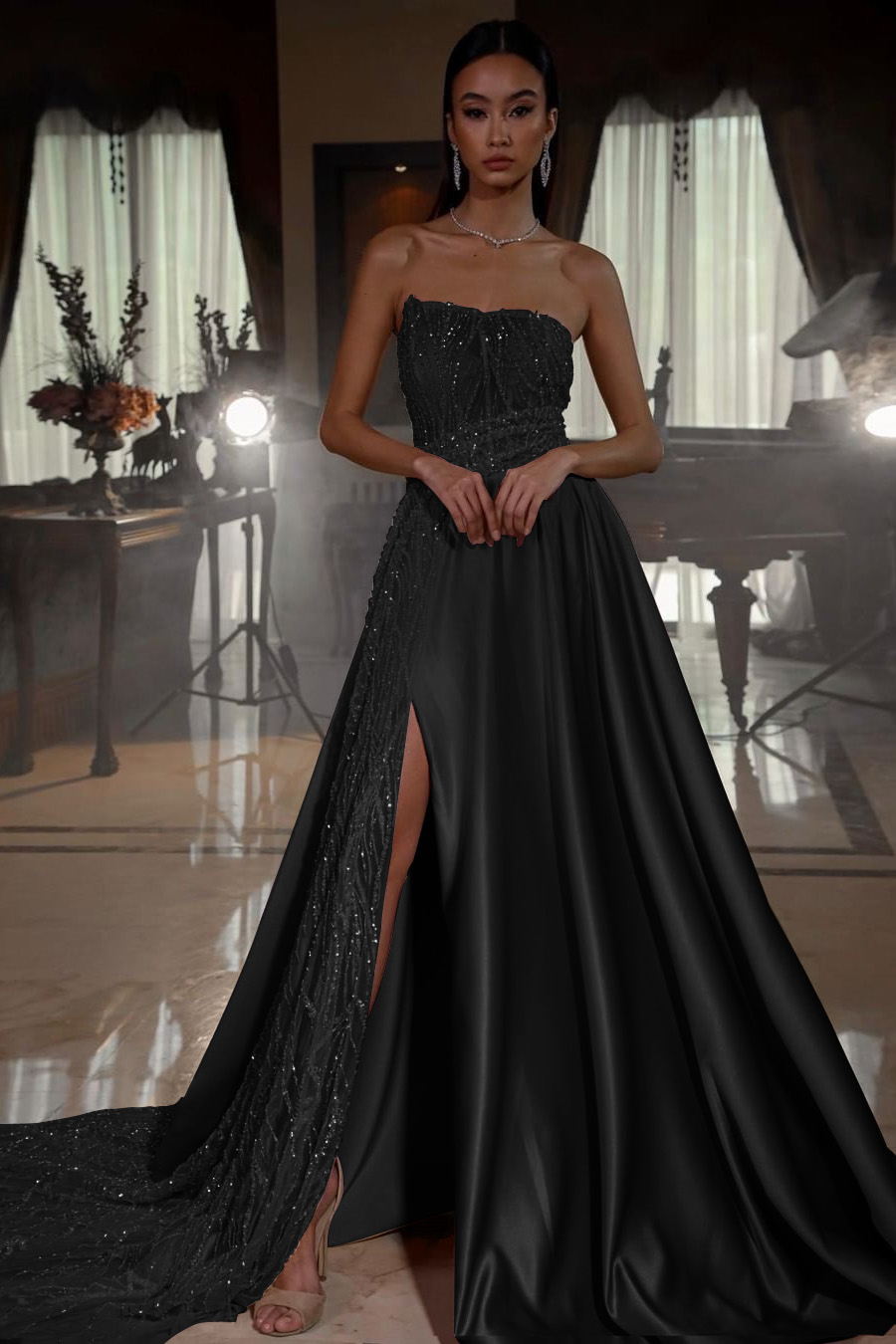 Pink Strapless A Line Sleeveless Sequins Long Formal Dress With Front Split