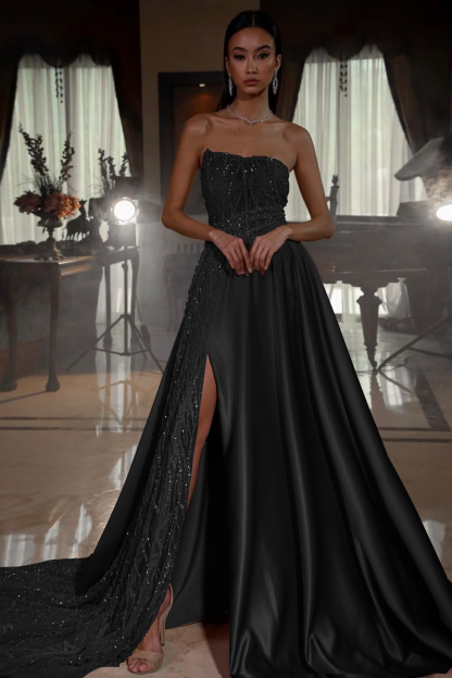 Pink Strapless A Line Sleeveless Sequins Long Formal Dress With Front Split