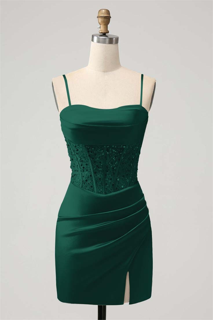 Green Sequins Spaghetti-Straps Short Mini cocktail Dress