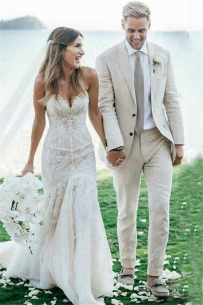 Elegant Ivory Summer Beach Linen Notched Lapel Slim Fit Three-Piece Wedding Tuxedo for Men