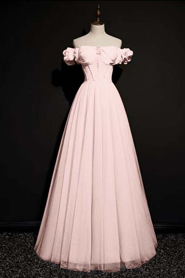 Pink Bow-Neck Off-The-Shoulder Beadings Prom Dress