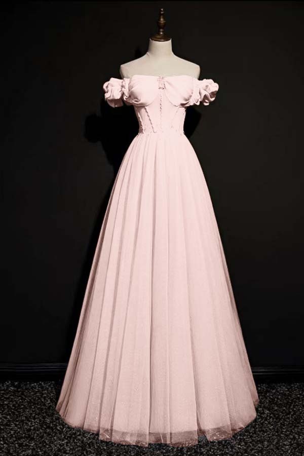 Pink Bow-Neck Off-The-Shoulder Beadings Prom Dress