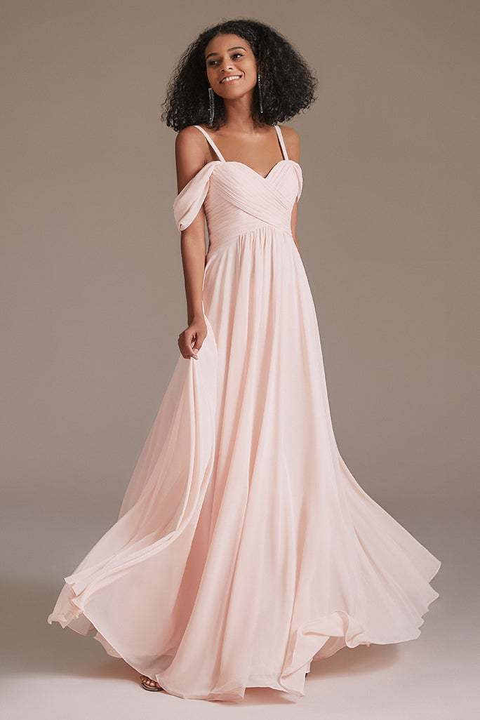 Blushing Pink Chiffon Off-the-Shoulder Bridesmaid Dress