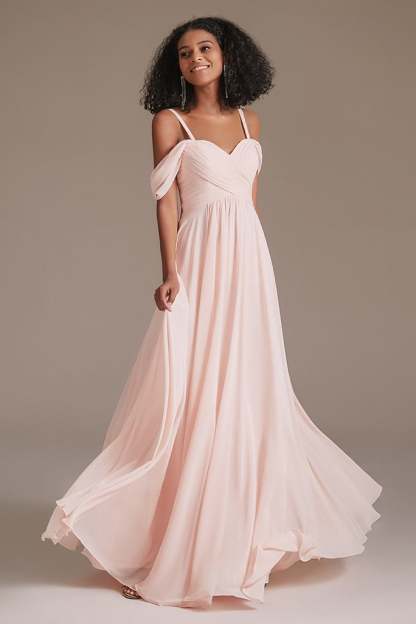 Blushing Pink Chiffon Off-the-Shoulder Bridesmaid Dress