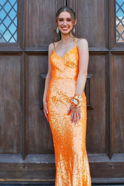 Long Mermaid Prom Dress with Sparkly Orange Sequins
