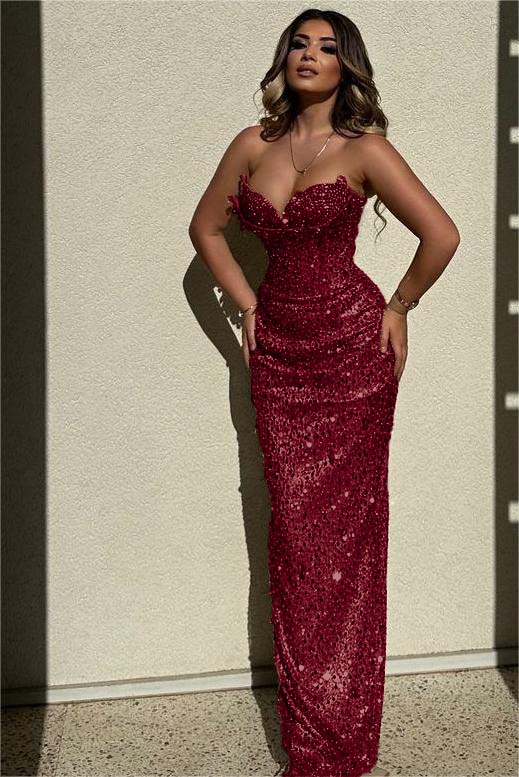 Chic Sequins Strapless Sleeveless High Waist Long Formal Dress With Beadings