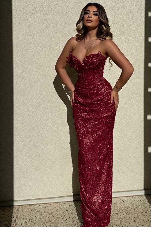 Chic Sequins Strapless Sleeveless High Waist Long Formal Dress With Beadings
