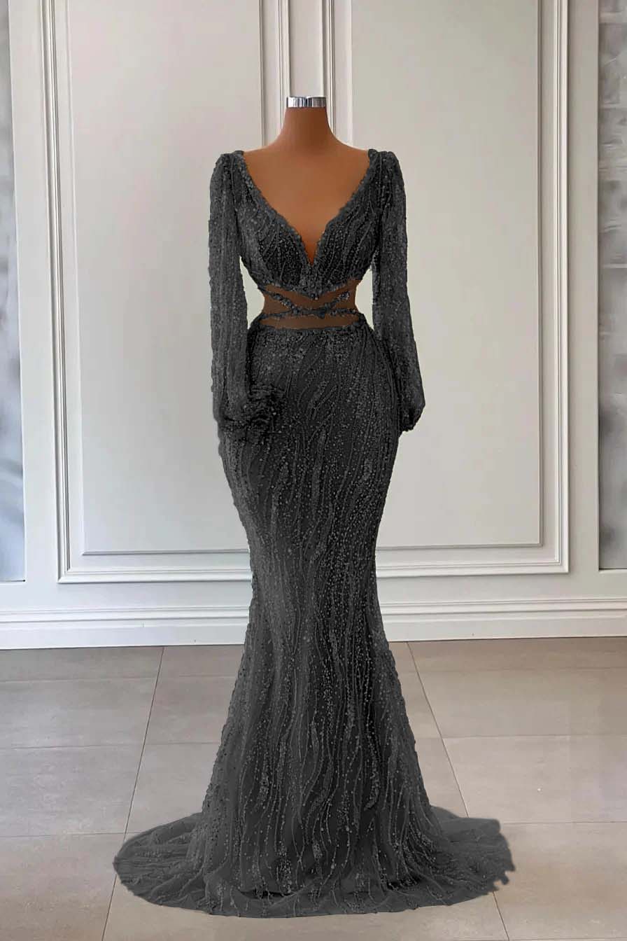 Light Green Long Sleeves V-Neck Evening Dress Mermaid With Sequins Beads