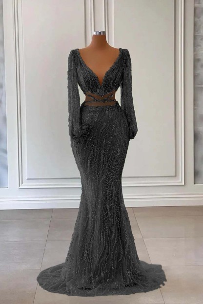 Light Green Long Sleeves V-Neck Evening Dress Mermaid With Sequins Beads