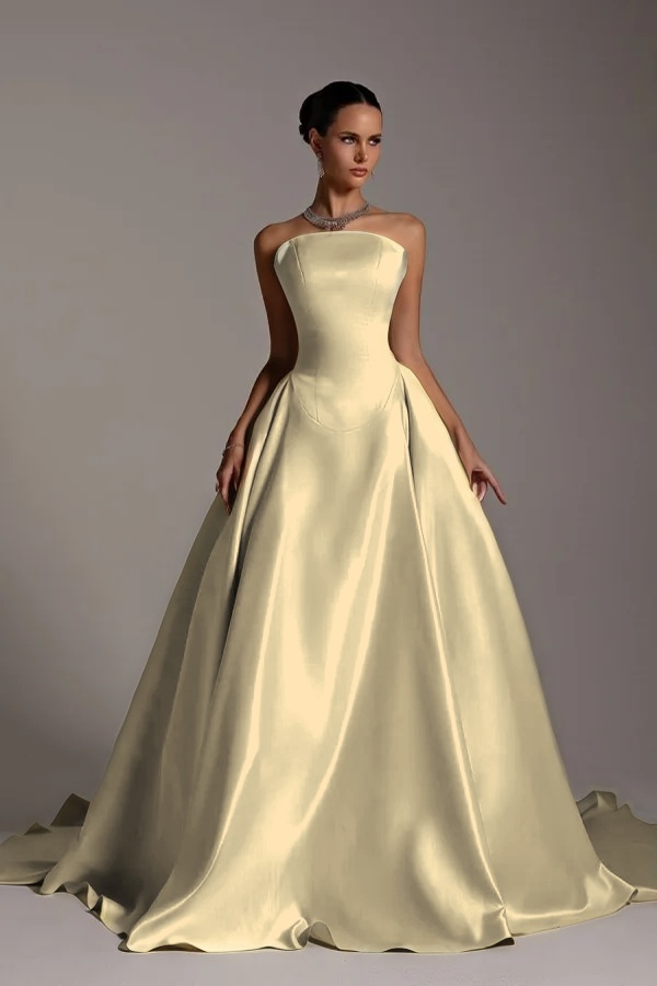 Chic Strapless Sleeveless A Line Long Formal Dress With Pleated