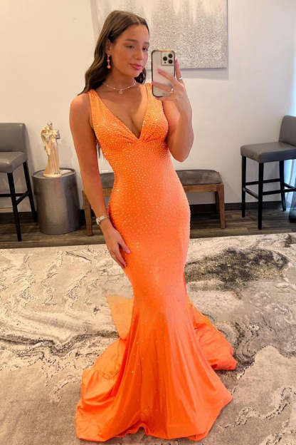 Orange Long Prom Dress with Deep V Neck and Mermaid Beading