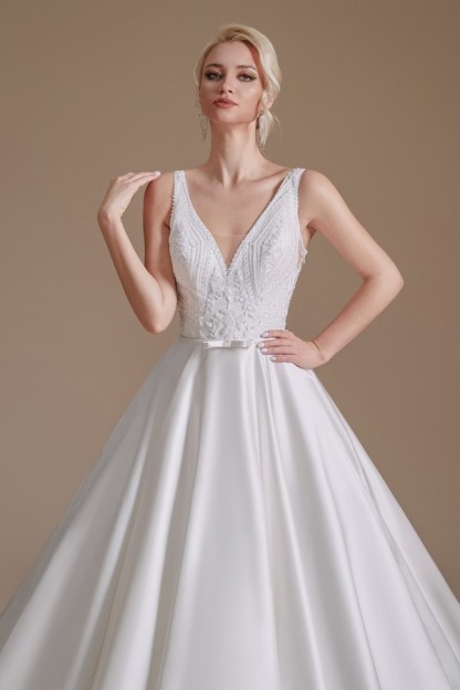 Charming A-Line V-Neck Satin Long Wedding Dress with Appliques Lace