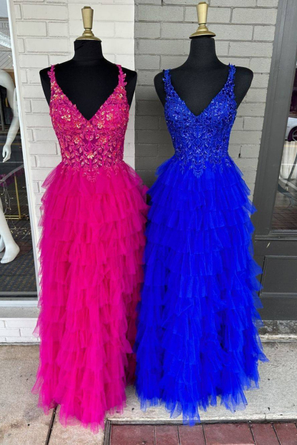 Elegant Fuchsia A-Line Prom Dress with V-Neck and Appliques