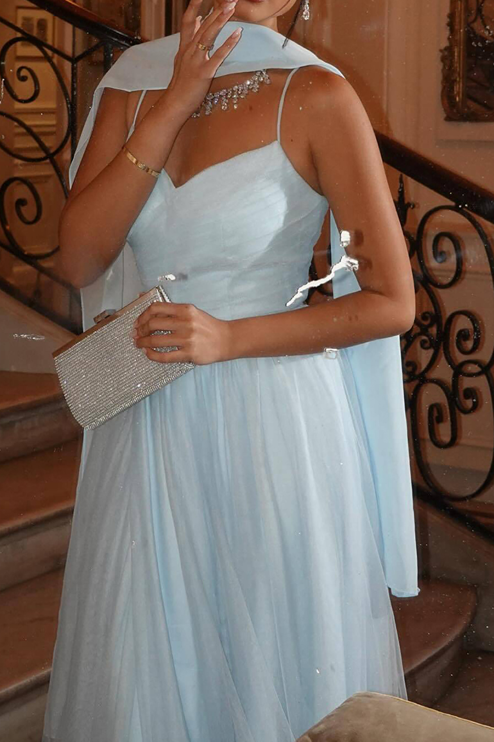 Sky Blue Long Prom Dress with Elegant A Line and Spaghetti Straps Featuring a Split Front