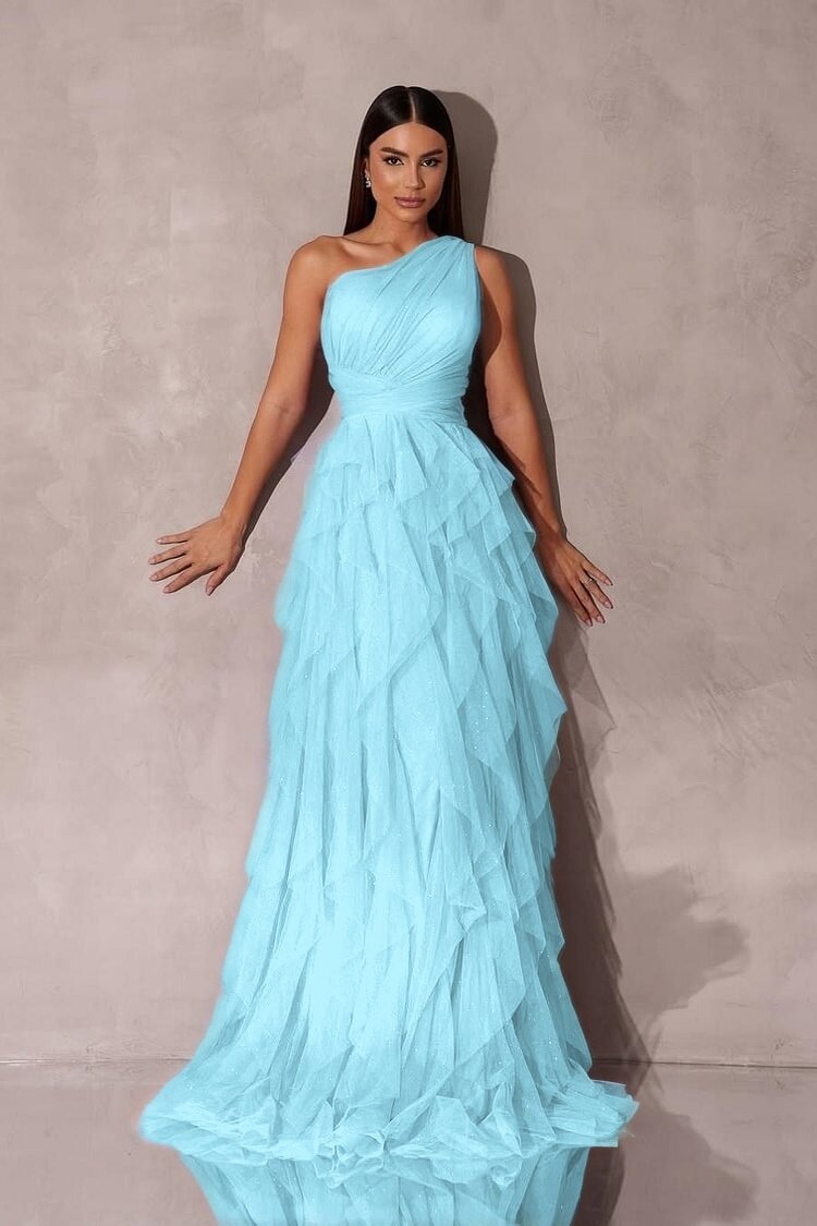 Chic One Shoulder Sleeveless Long Formal Dress With Tulle Ruffle