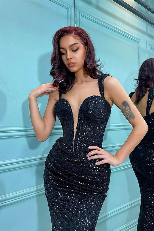 Stunning Sleeveless Pleated Short Mermaid Black Sequins Straps Formal Dress