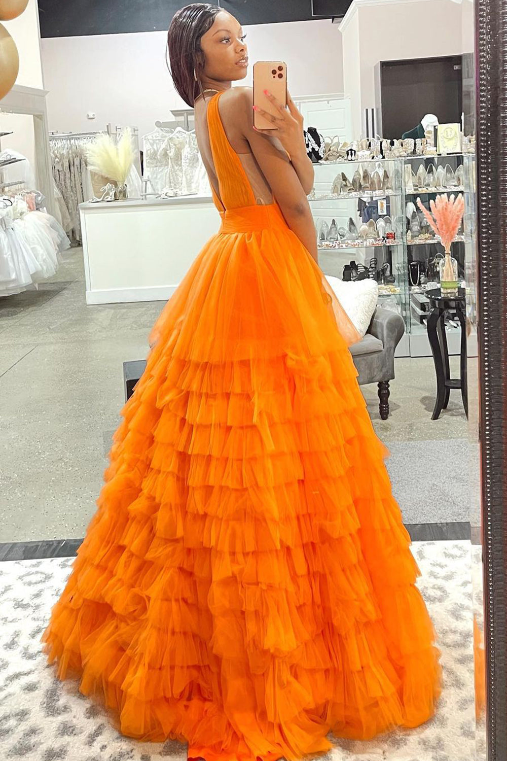 Long V-Neck Prom Dress in Orange Tulle