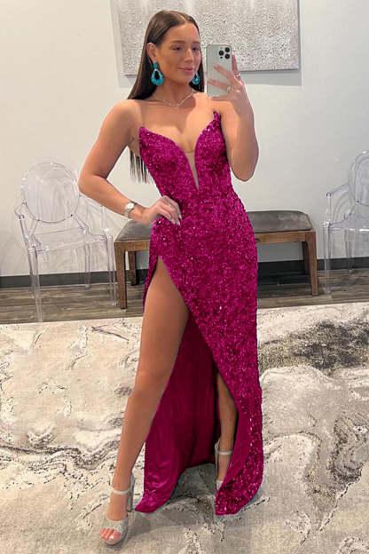 Strapless Sequin Prom Dress in Hot Pink Featuring a Slit