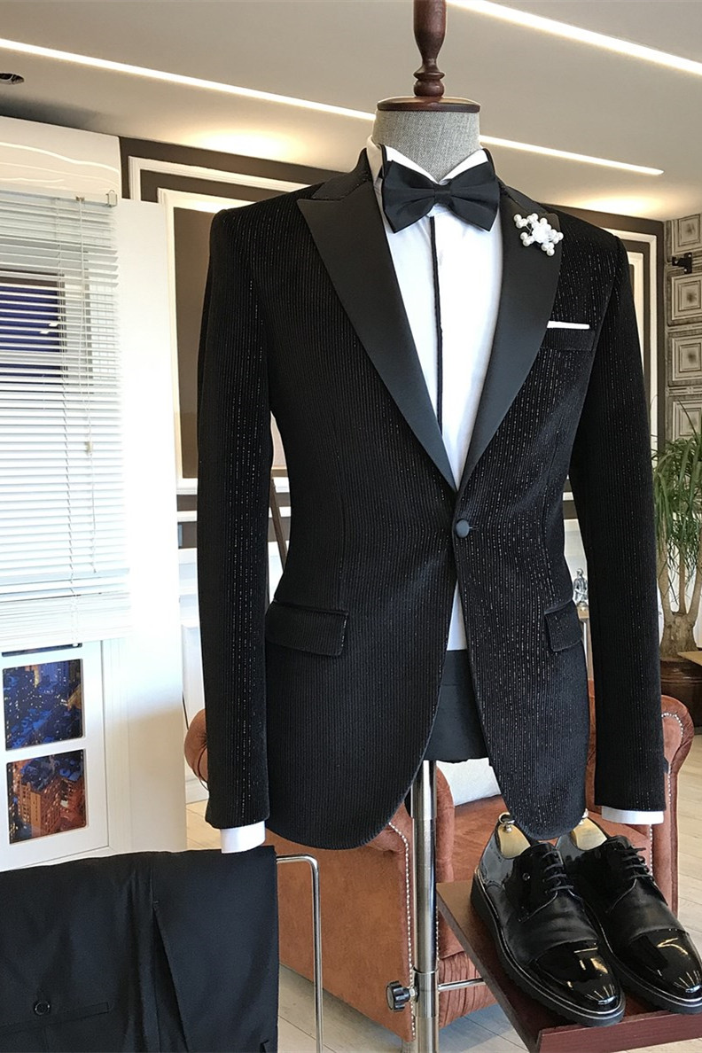 Andrew Fashion Black Sparkle-Striped Peaked-Lapel Men's Suits