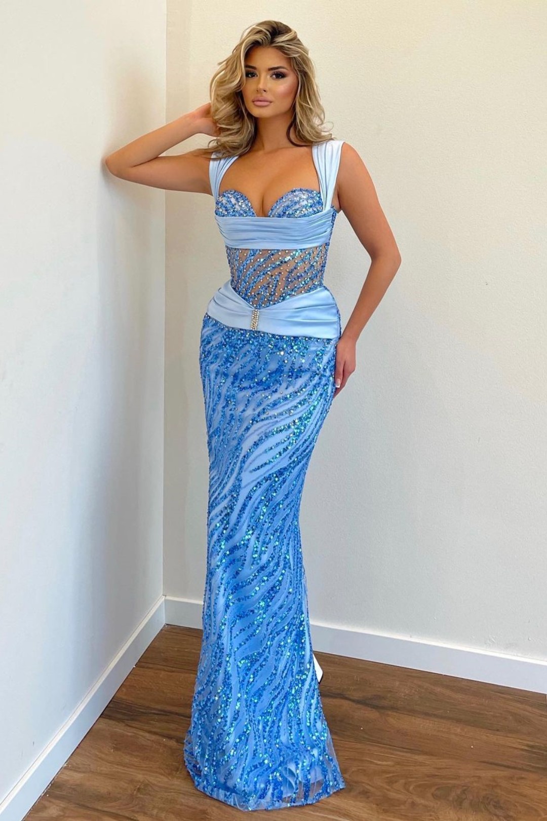 Sky Blue Formal Dress Straps With Sequins Sleeveless Long Mermaid