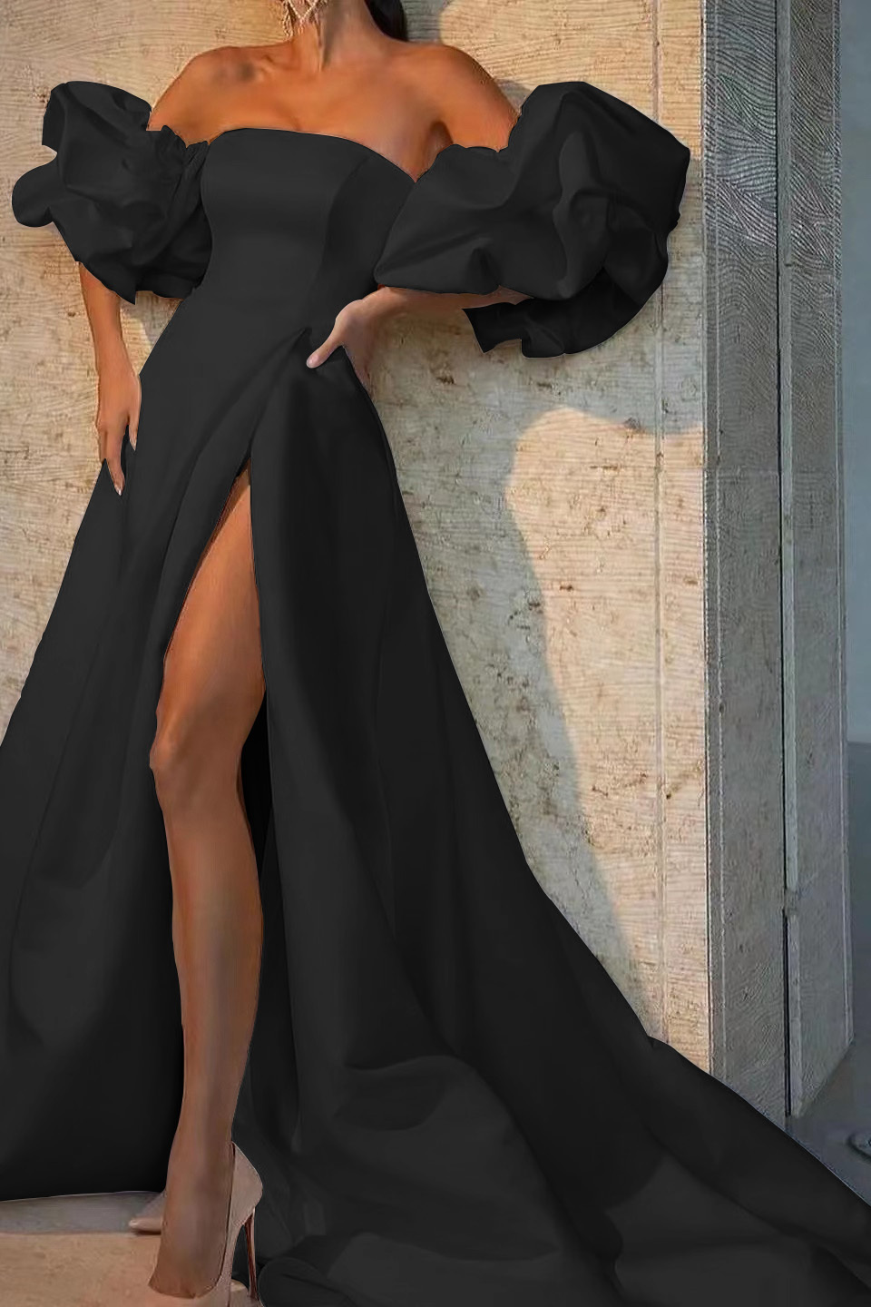 White Off-The-Shoulder Long Evening Dress Bubble Sleeves With Slit