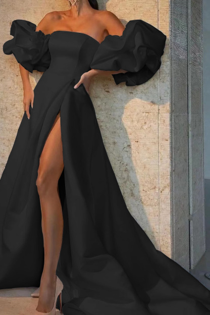 White Off-The-Shoulder Long Evening Dress Bubble Sleeves With Slit