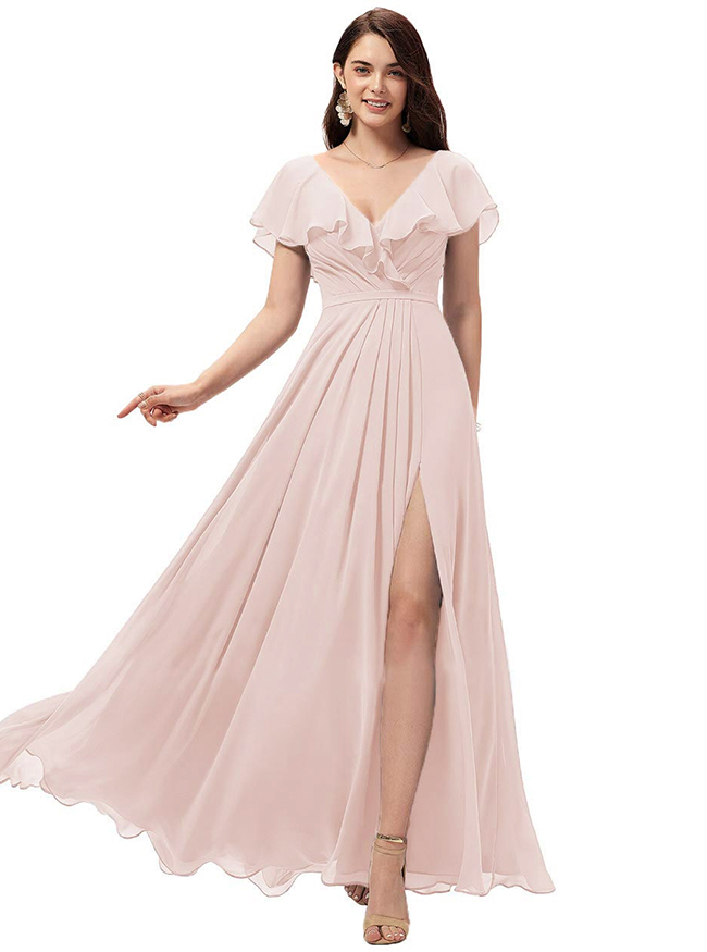 Chiffon Ruffles Bridesmaid Dress with Split