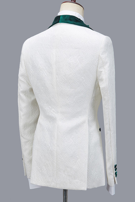 Jeffery Fashion Green Lapel Three-Piece White Wedding Suit with Jacquard