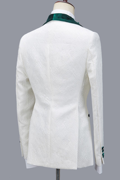 Jeffery Fashion Green Lapel Three-Piece White Wedding Suit with Jacquard