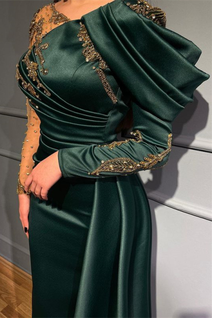 Dark Green Mermaid Long Sleeves Beads Evening Dress With Appliques