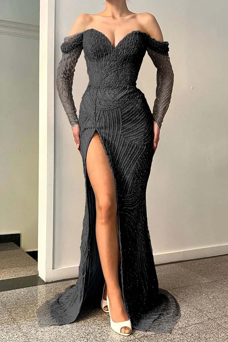 Blue Long Sleeves Off-The-Shoulder Sequins Evening Dress Sweetheart With Split Mermaid