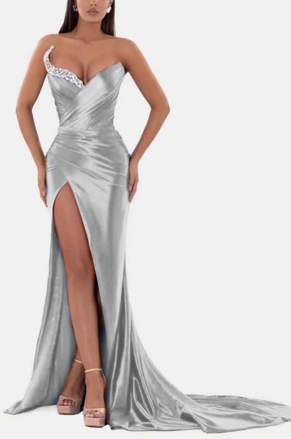 Sexy Royal Blue Formal Dress V Neck With High Slit Pleated Strapless Sleeveless