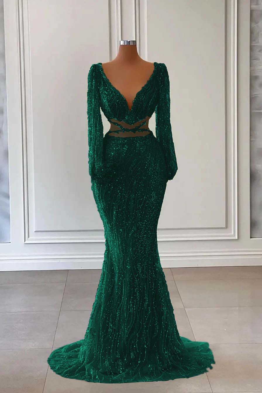 Light Green Long Sleeves V-Neck Evening Dress Mermaid With Sequins Beads