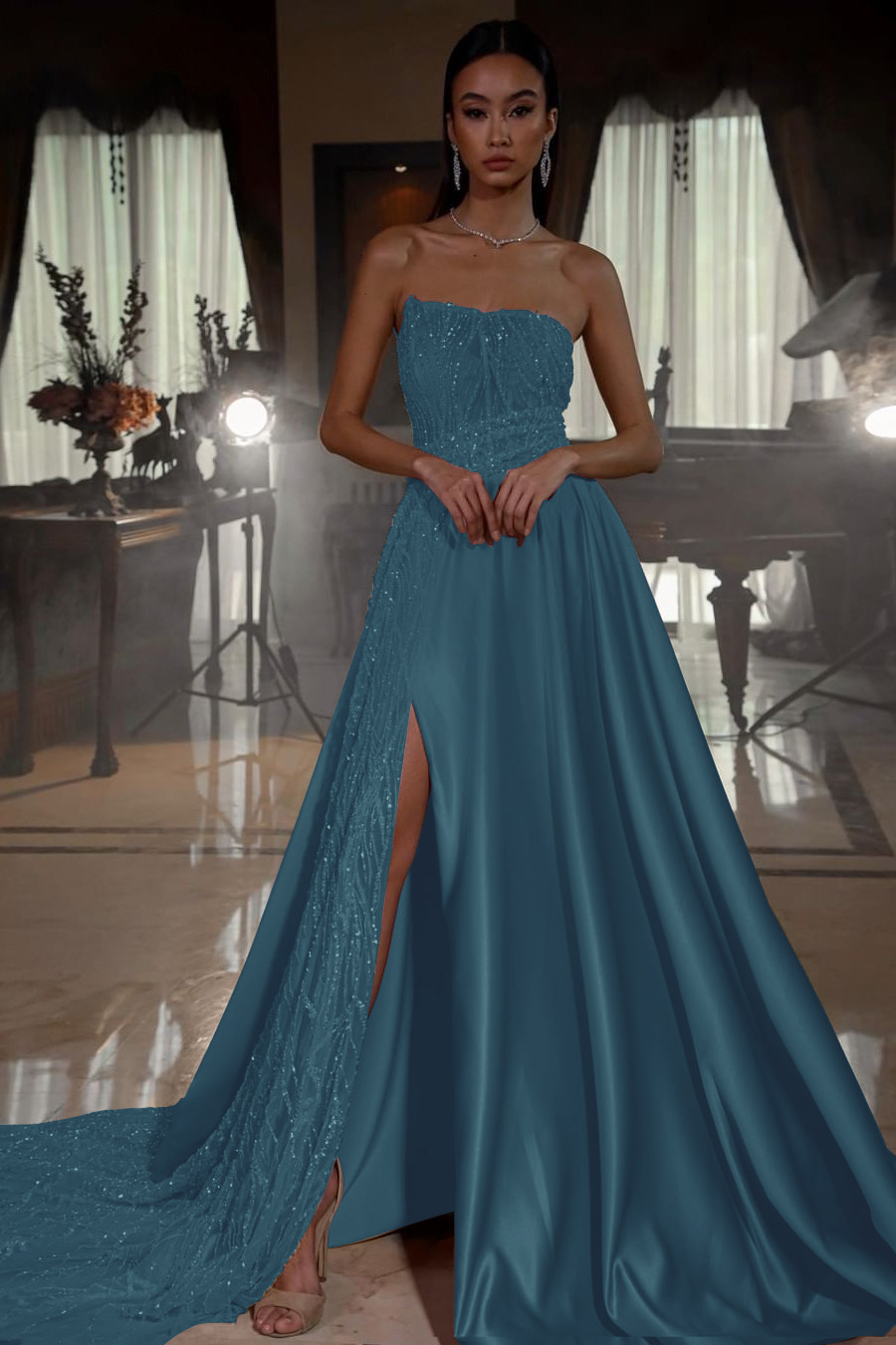 Pink Strapless A Line Sleeveless Sequins Long Formal Dress With Front Split