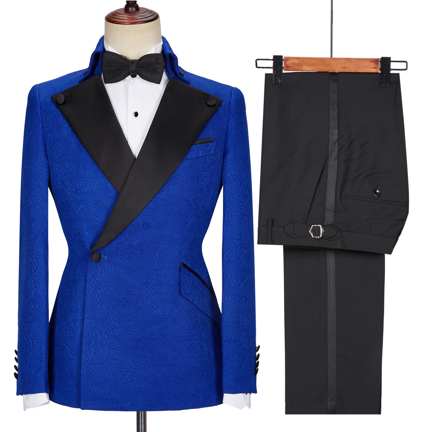 New Arrival Royal Blue Fashion Black Lapel Wedding Suits with Jacquard